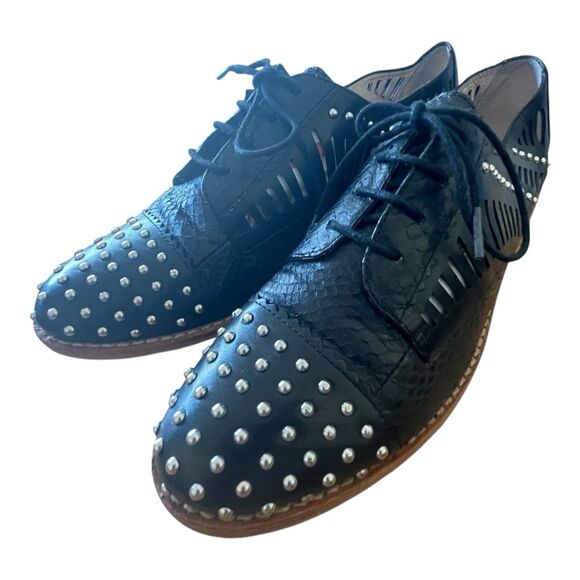 Sam Edelman Loafer Shoes Women’s 7 Black Laser Cut Silver Stud Lace Up Preppy - Picture 4 of 12